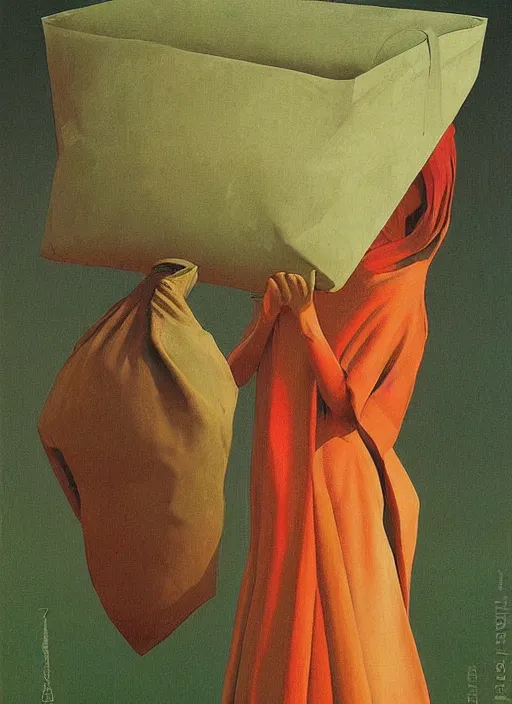 Image similar to neo-andean women paper bag over the head and a sward Edward Hopper and James Gilleard, Zdzislaw Beksinski, highly detailed