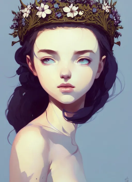 Image similar to portrait of cute nymph girl with crown of flowers with celtic tattoos, fantasy, by atey ghailan, by greg rutkowski, by greg tocchini, by james gilleard, by joe gb fenton, by in kaethe butcher, dynamic lighting, gradient light blue, brown, blonde cream and white color in scheme, grunge aesthetic