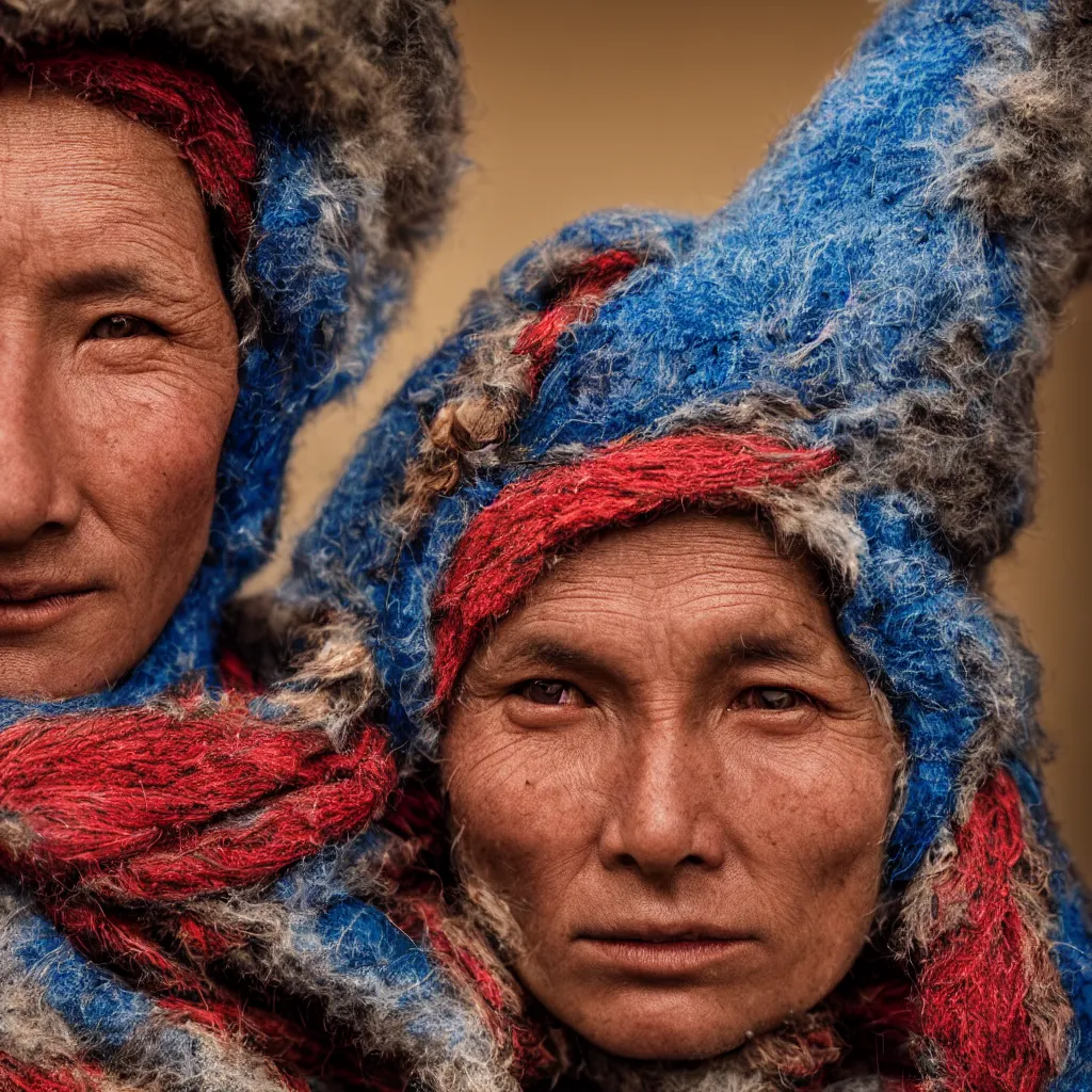 Prompt: close up portrait of a sherpa, photograph, blue and red studio light, sharp, detailed face, gaze, editorial model, photo, annie leibovitz, steve mccurry, david lazar, 1 0 5 mm, f 2. 8, in an oasis, 8 k, detailed