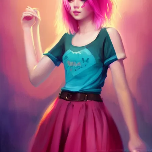 Image similar to colorful and festive captivating teenager girl with pink hair, cyan top crop, black skirt, black leggings, cute look. rich vivid colors, ambient lighting, dynamic lighting, 4 k, atmospheric lighting, painted, intricate, highly detailed by charlie bowater