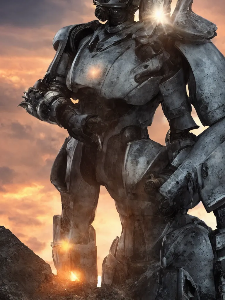 Image similar to emily blunt in futuristic power armor, close up portrait, solitary figure standing atop a pile of rubble, holding a sword on her shoulder, sunset and big clouds behind her