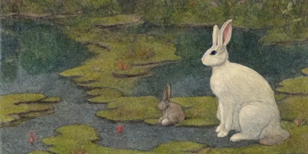 Prompt: a rabbit sitting by a pond, in the style of john bauer