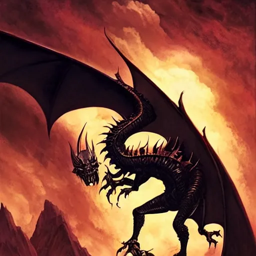 Prompt: flying black dragon, d & d, fantasy, greg rutkowski, frank frazetta, alexandre chaudret, boris vallejo, michael whelan, miro petrov, hr giger, magali villeneuve, donato giancola