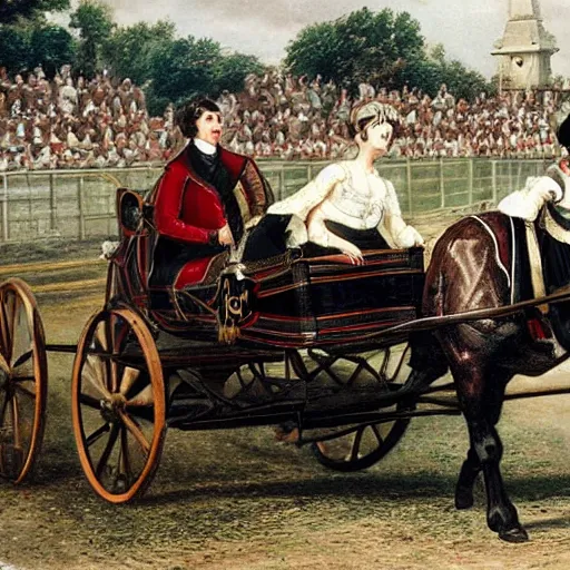 Prompt: lady catherine de bourgh from pride and prejudice drives her barouche box pulled by two horses on the formula 1 circuit of le mans. cinematic, technicolor, highly intricate