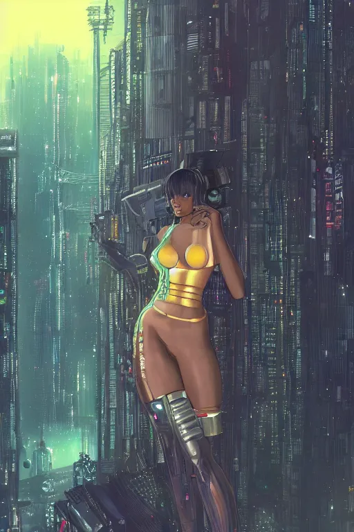 Image similar to a beautiful young black woman, cyberpunk, blade runner city background, anime, highly detailed, artstation, illustration, art by gustav klimt