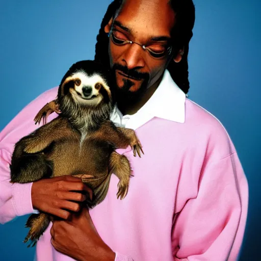 Image similar to Snoop Dogg holding a Sloth for a 1990s sitcom tv show, Studio Photograph, portrait, C 12.0