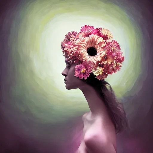 Image similar to huge flower as head, woman standing in a luxury apartment, surreal photography, dramatic light, impressionist painting, digital painting, artstation, georgia o'keeffe