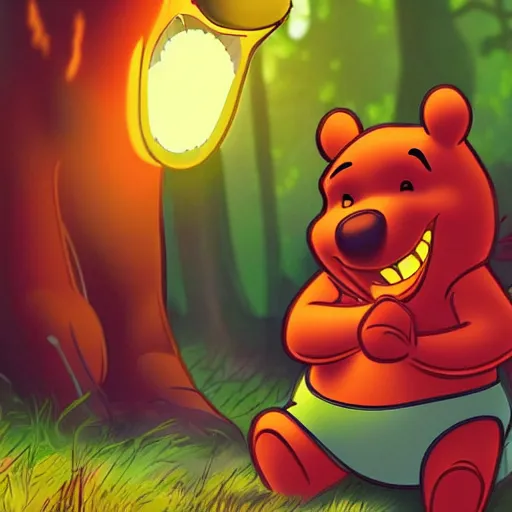 Image similar to Colored photo of winnie the pooh maniacally laughing with big sharpy teeths with bright red glowing eyes at night forest, ultra detailed, 4k