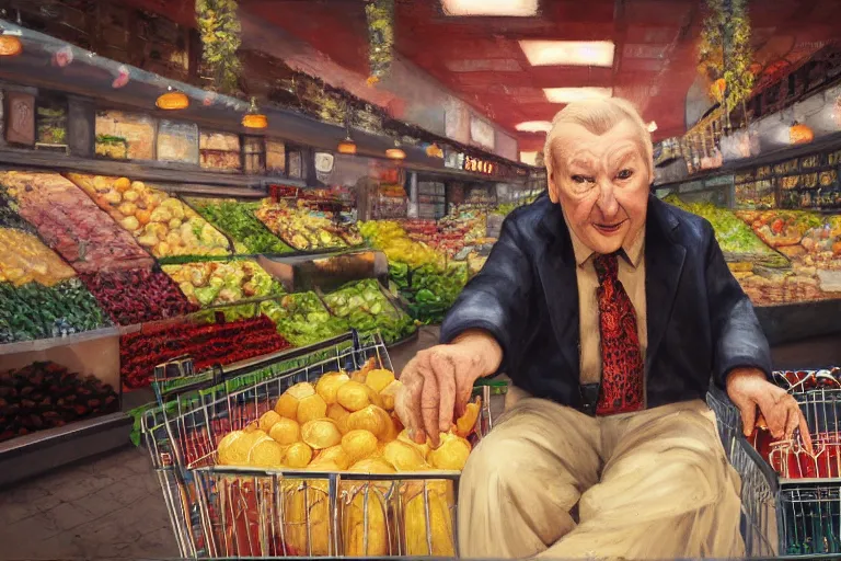 Prompt: john madden as a contestant on supermarket sweep, old elder expressive male face, grocery store, ethereal details, night, cinematic lighting, hyper - detailed, maximalist, trending on artstation, cgsociety, 8 k, high resolution, in the style of faiza maghni, david ligare, flora borsi, daniel gerhartz, elena masci