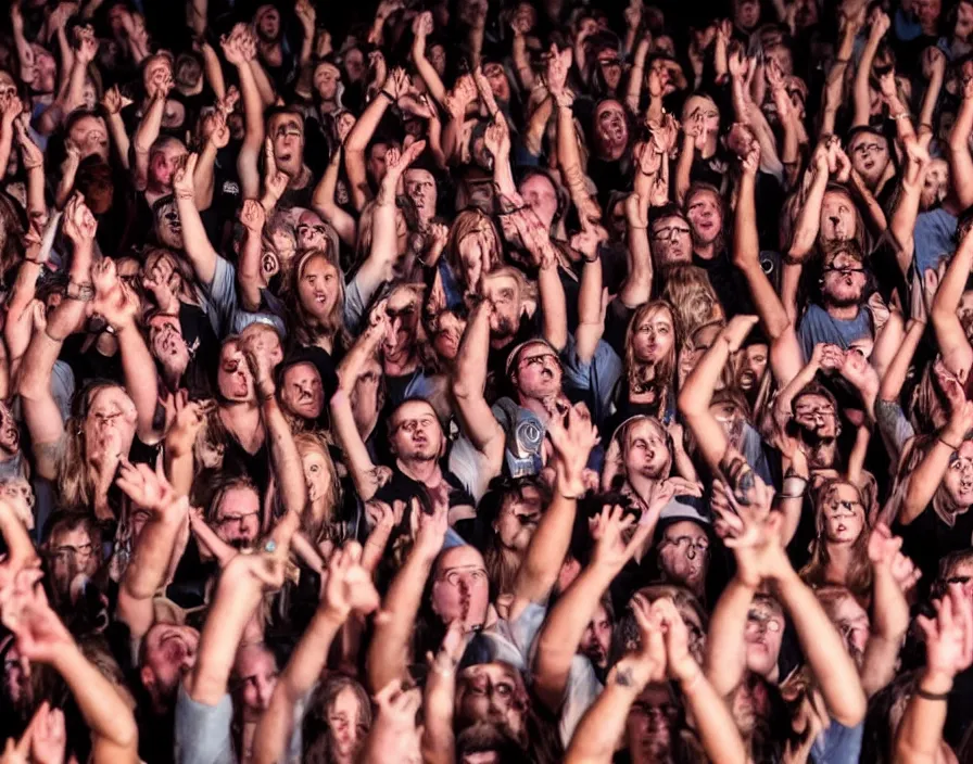 Image similar to close up photo of the audience at a heavy metal concert having their faces melted off by heavy metal music