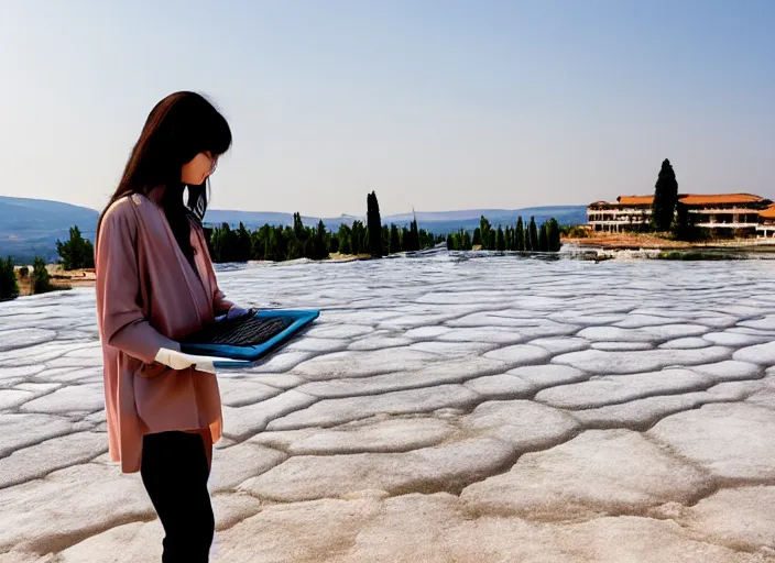 Image similar to Lee Jin-Eun hacking a laptop at Pamukkale by WLOP, rule of thirds, seductive look, beautiful, masterpiece, Refined