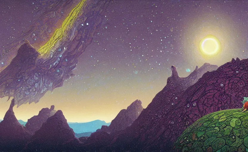 Image similar to mountains, stars and paisley filled sky, artstation, intricate, highly detailed, digital painting, concept art, sharp focus, illustration by Roger Dean and Ivan Bilibin