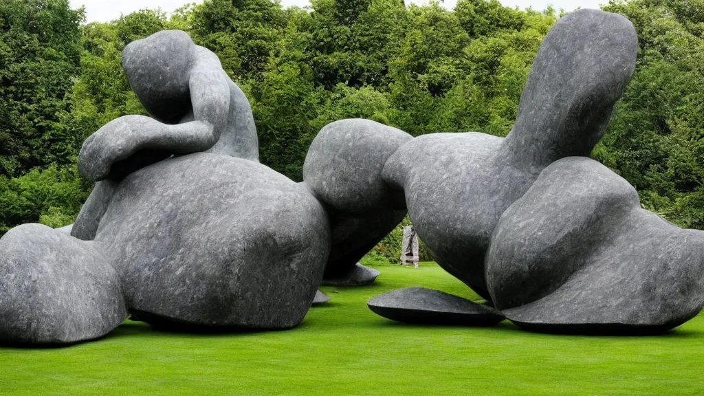 Prompt: a colossal abstract granite sculpture garden by michelangelo and henry moore, on a green lawn, distant mountains, enormous creatures augment my desire
