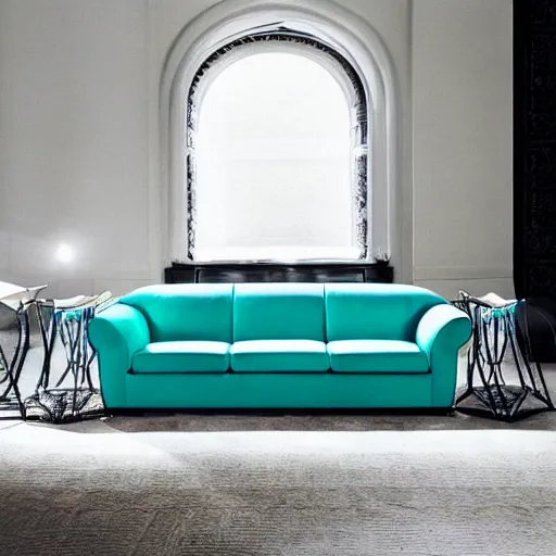 Image similar to a sofa designed by versace in the style of versace dylan turquoise, advertising photography