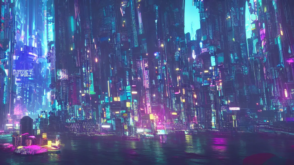 Prompt: cyberpunk city built underwater, submerged, nighttime, fluorescent led, made in blender, octane render, cinematic, volumetric lighting, futuristic,, hyperrealistic, highly detailed, colourful 4 k hd