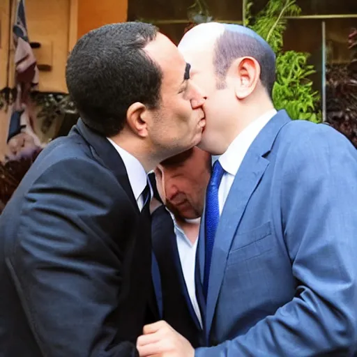 Image similar to benjamin netanyahu kissing naftali bennet, realistic, detailed