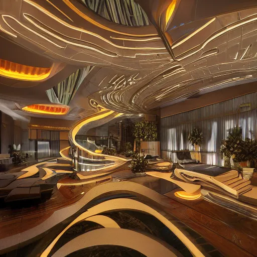 Prompt: futuristic hotel lobby, hyper detailed, digital art, trending in artstation, cinematic lighting