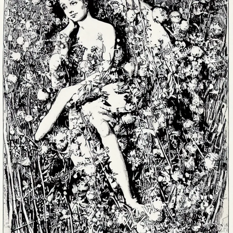 Prompt: a walther caspari illustration in lustige blatter in 1 8 9 9 of a ( young goddess, sitting on a conical pile of small skulls ) with huge flowers on tall stalks behind her, black and white pen an ink drawing