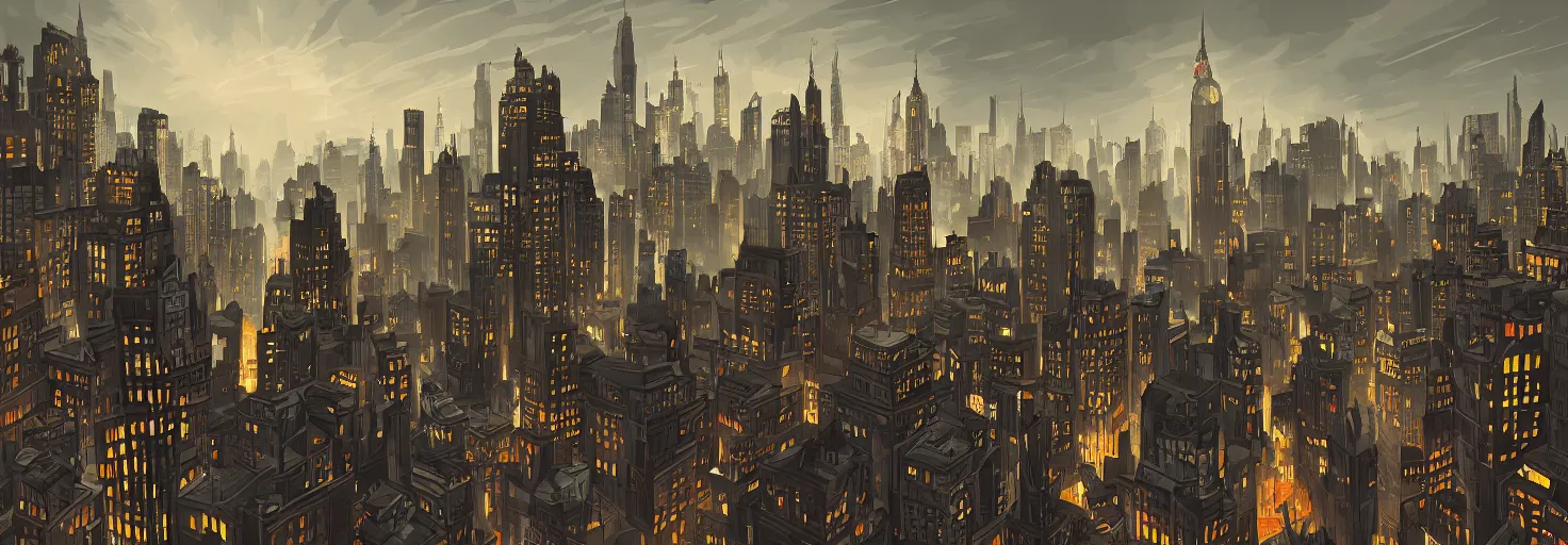 Prompt: Gotham city, vector art, trending on artstation, 30mm, by Noah Bradley