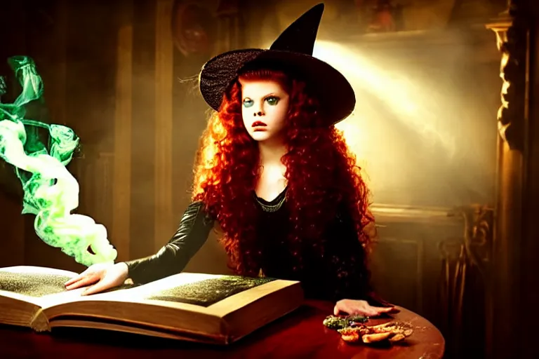 Image similar to close up portrait, dramatic lighting, teen witch casting a spell over a large open book on a table with dynamic action, cat on the table in front of her, sage smoke, a witch hat cloak, apothecary shelves in the background, still from tim burton movie,