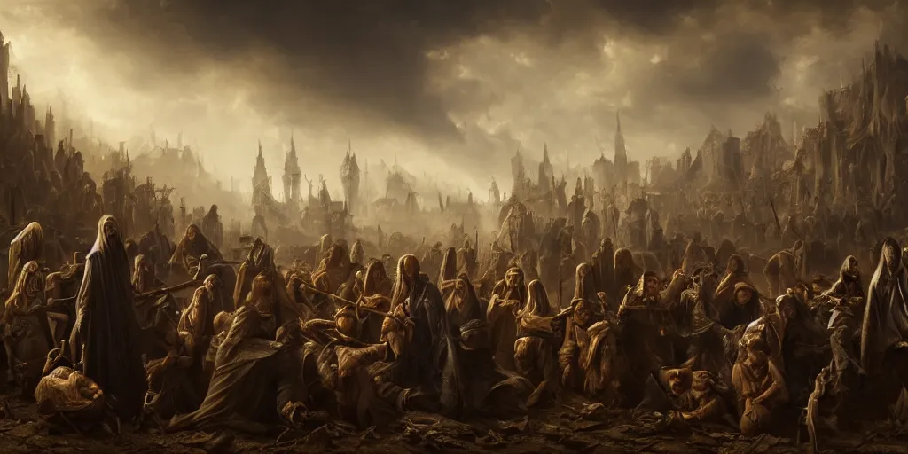 Prompt: beautiful oil matte painting, black plague infected people meeting the grim reaper, wonderful masterpiece highly detailed, beautiful cinematic light deep focus, elegant, digital painting, smooth, sharp focus, golden ratio, dramatic illumination, ultra realistic, 8 k, art by salvator rosa