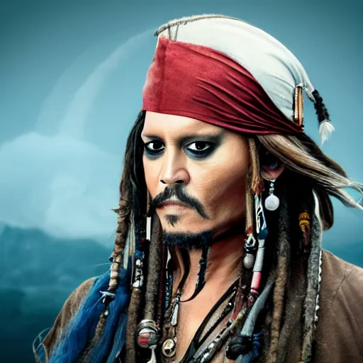 Prompt: johnny depp as jack sparrow, parrot on the shoulder, realistic portrait, 8k resolution, hyper detailed, studio lighting, cinematic