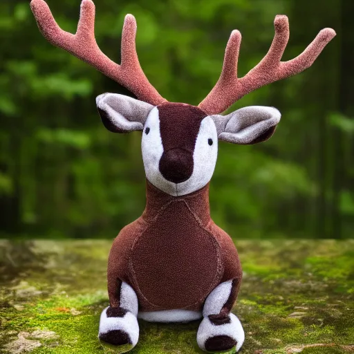 Prompt: a portrait of a realistic deer plush doll with forest background