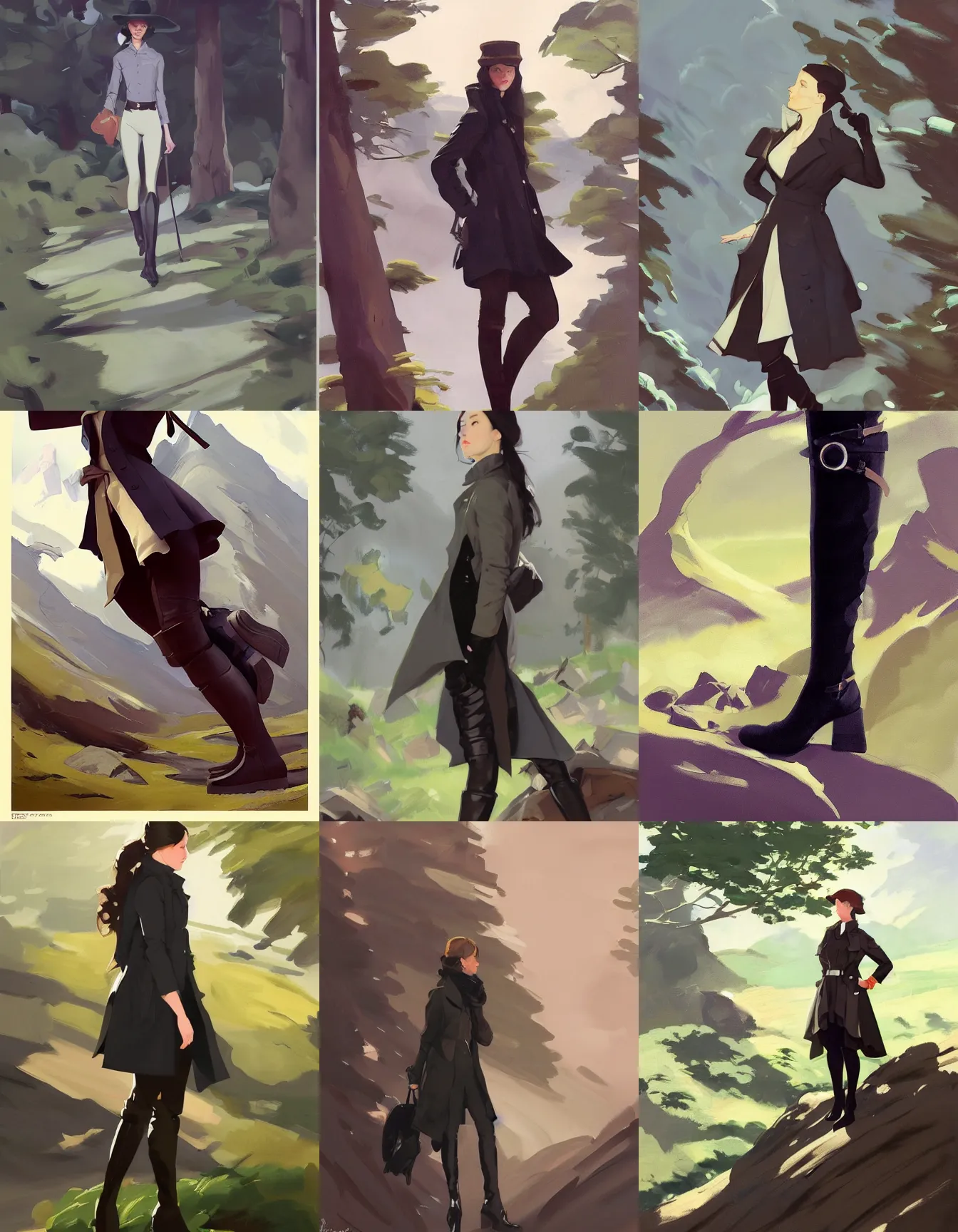 Prompt: cloth fabric black jodhpurs knee high boots travel coat fashion, solo hiking in mountains trees, greg manchess painting by sargent and leyendecker, studio ghibli, fantasy, asymmetrical, intricate, elegant, matte painting, illustration, hearthstone, by greg rutkowski, by greg tocchini, by james gilleard, by joe fenton