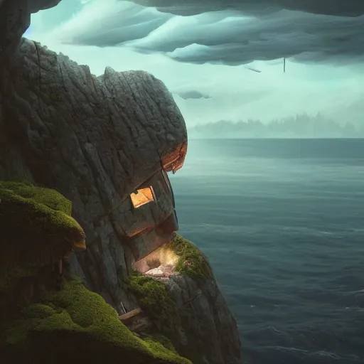 Image similar to a cozy cabin on top of a cliff, view of the ocean, huge waves beneath, dramatic lighting, artstation, matte painting, raphael lacoste, simon stalenhag, frank lloyd wright, zaha hadid, drone view