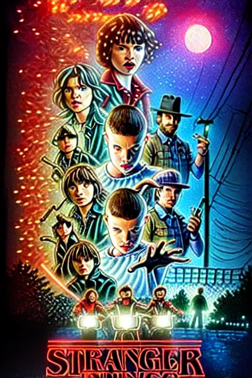 Image similar to Stranger Things poster by Matt Groening, high resolution, hyper detailed, intricate, illustrated, all cast members !n-9