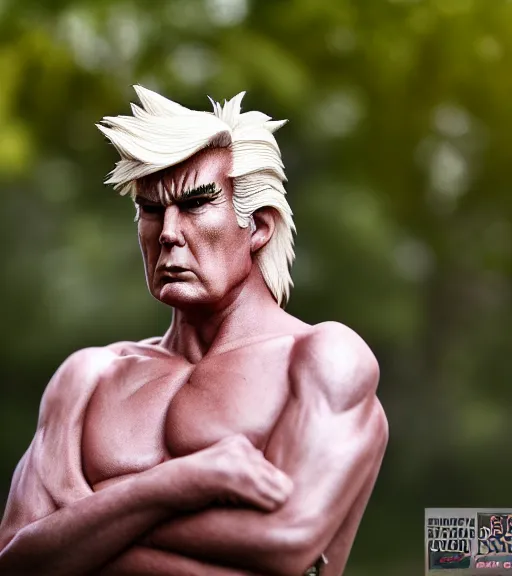 Image similar to award winning 5 5 mm close up portrait color photo of trump as songoku, in a park by luis royo. soft light. nikon d 7 5 0