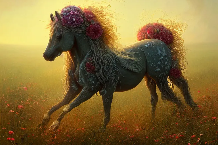 Image similar to a stunning digital painting of a horse made of instricately engraved gnarled wood with a mane of bioluminescent flowers running through a field of flowers by greg rutkowski, flowercore, volumetric light, digital art, fine detail, photorealistic