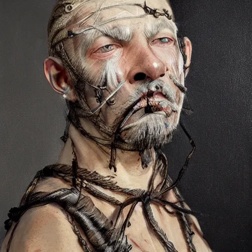 Prompt: portrait of a Shibari S&M barbed wire wrapped face and neck, headshot, insanely nice professional hair style, dramatic hair color, digital painting, of a old 17th century, old cyborg merchant, amber jewels, baroque, ornate clothing, scifi, realistic, hyperdetailed, chiaroscuro, concept art, art by Franz Hals and Jon Foster and Ayami Kojima and Amano and Karol Bak,