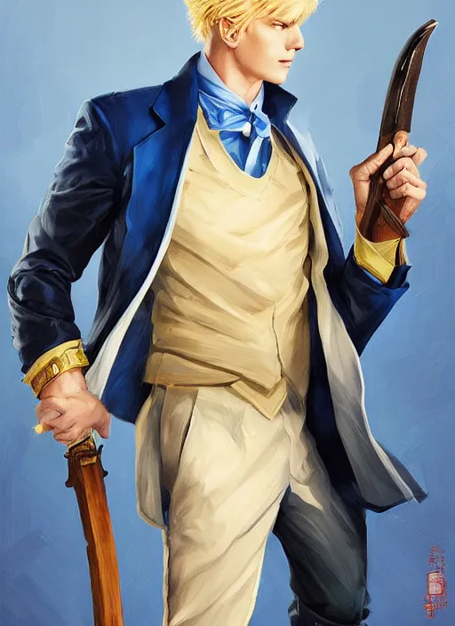 Image similar to artgerm portrait painting of a blond man in a blue suit with a sword and a pistol, asymmetrical, profile picture, organic painting, sunny day, matte painting, bold shapes, hard edges, street art, trending on artstation, by huang guangjian, gil elvgren, ruan jia, randy vargas, greg rutkowski