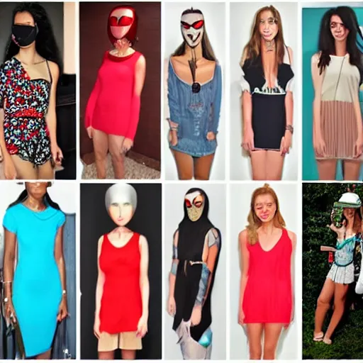 Image similar to a collage age women. wearing cult mask. skinny. sun dress.