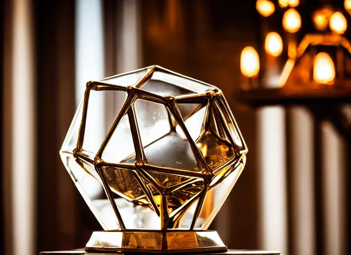 Prompt: a reflective symmetrical polyhedral steel engineering trophy at a high end bar in a medieval themed castle in golden afternoon light, professional food photography