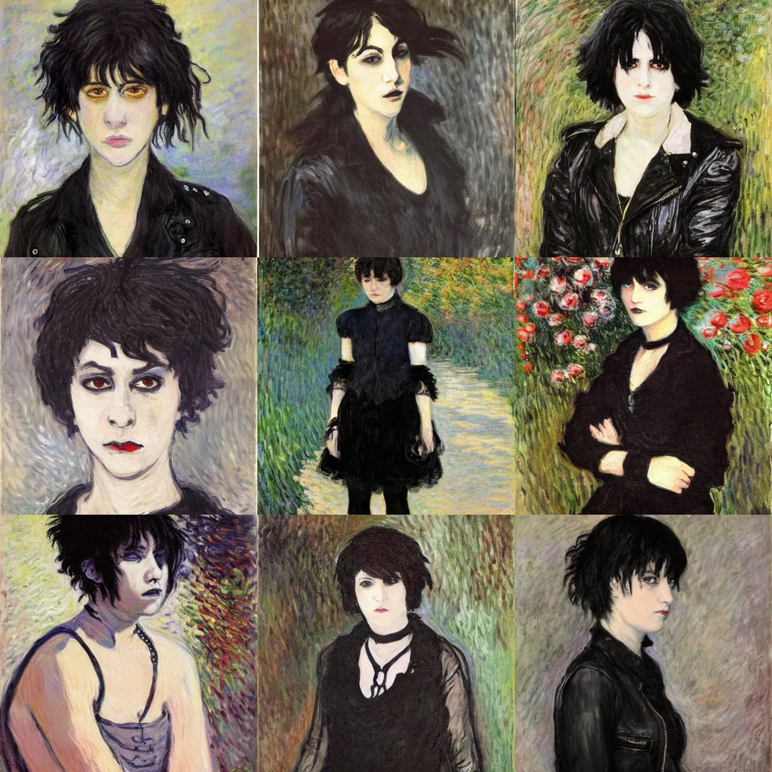 Prompt: an emo portrait painted by claude monet. her hair is dark brown and cut into a short, messy pixie cut. she has large entirely - black evil eyes. she is wearing a black tank top, a black leather jacket, a black knee - length skirt, a black choker, and black leather boots.