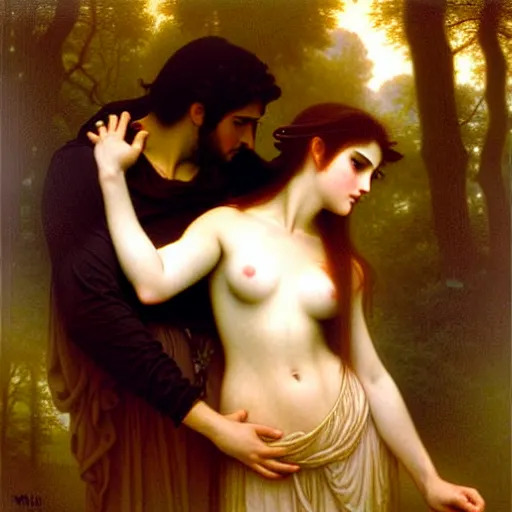 Image similar to twilight portrait of edward and bella in ancient forest by william - adolphe bouguereau in the style of gaston bussiere, art nouveau