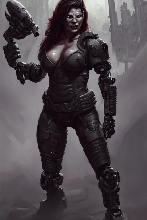 Image similar to gina carano as an ork with robotic left arm, casual black clothing, muscular, realistic proportions, casual pose, large portrait, sci - fi, shadowrun, rpg character, digital painting, artstation, concept art, smooth, 8 k frostbite 3 engine, ultra detailed, art by artgerm and greg rutkowski and magali villeneuve