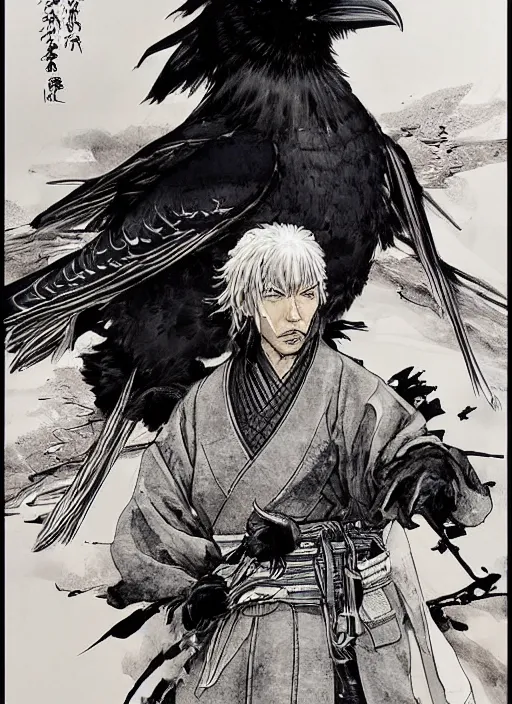 Image similar to portrait of a raven samurai, by takehiko inoue and kim jung gi and hiroya oku, masterpiece ink illustration,