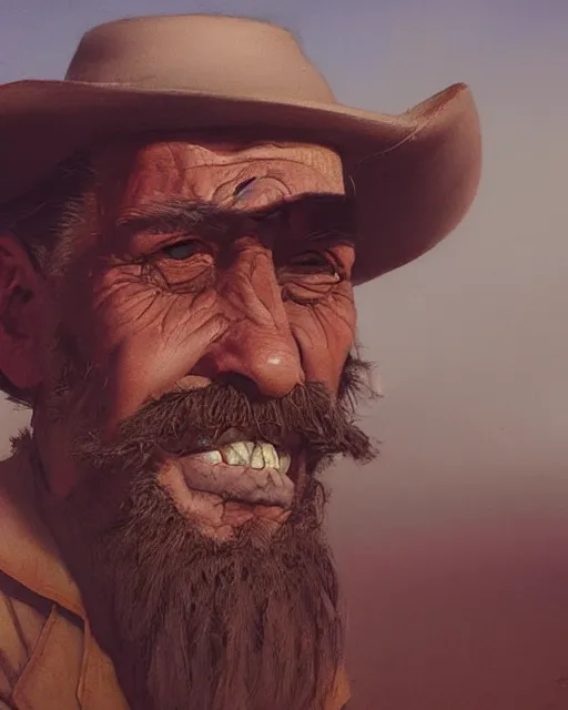 Prompt: a film still extreme close - up shot of an old cowboy outlaw in a desert by esao andrews. trending on artstation