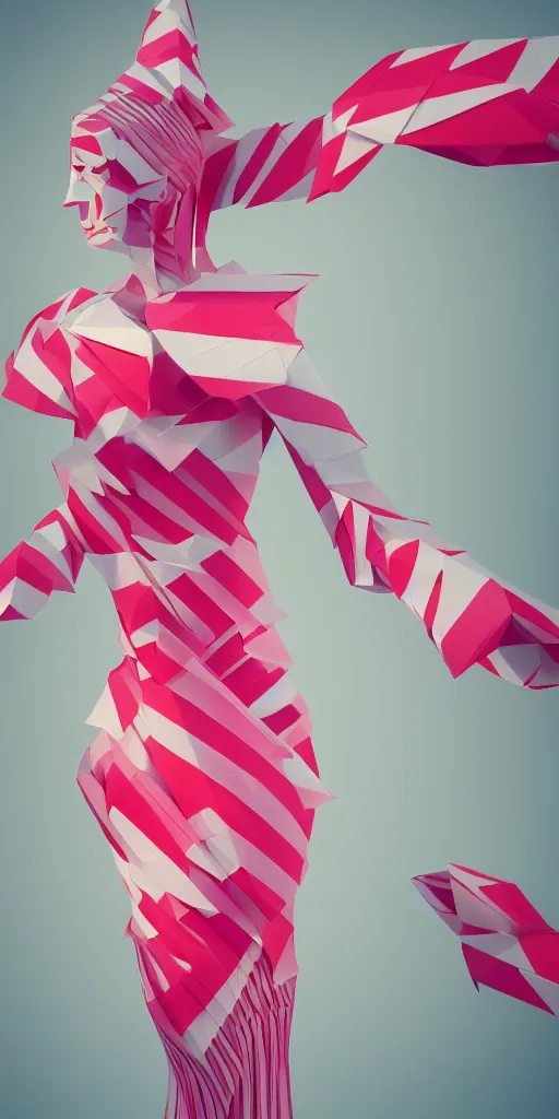 Image similar to anthropomorphic candy woman wearing a flowing paper couture dress striped like a candy cane, paper candy people, paper origami candy, pastel lighting, 3D, very detailed, octane render, trending ArtStation, artgem