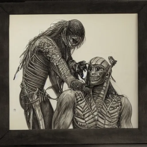 Image similar to The mummy touches the warrior's head , in jungle, pencil drawing