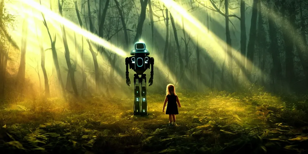 Image similar to sci - fi scene future new york, little girl holding a hand of a big robot, forest punk, crepuscular rays, epic scene, hyper realistic, photo realistic, overgrowth, cinematic atmosphere, ethereal lighting,