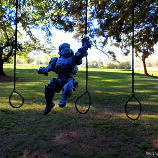 Prompt: master chief on a swing set