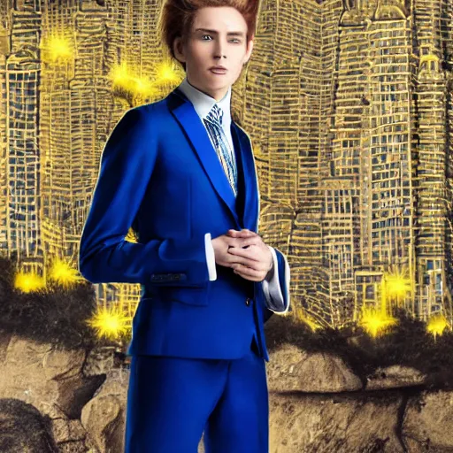 Prompt: portrait of a beautiful androgynous actress with long messy spiked auburn hair, golden eyes, and tufted elf ears and dressed in a blue men's suit with a yellow tie, standing on a stone bridge with a fantasy metropolis of tall stone towers in the background