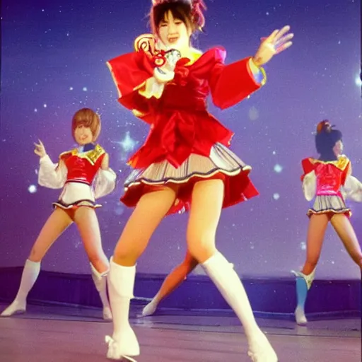 Prompt: publicity photo of 1 9 8 0 s beautiful japanese pop - idol chisato moritaka cosplaying as sailor moon, doing a heroic battle pose in the style of sailor moon, onstage at her concert in front of backup dancers.