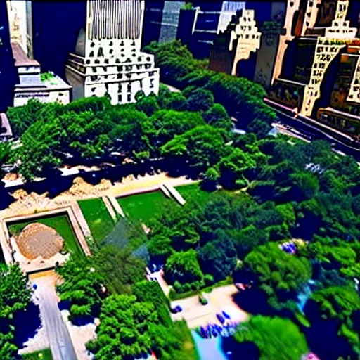 Prompt: egyptian excavation in central park new york drone footage shot on arri alexa flat light high detail blue sky