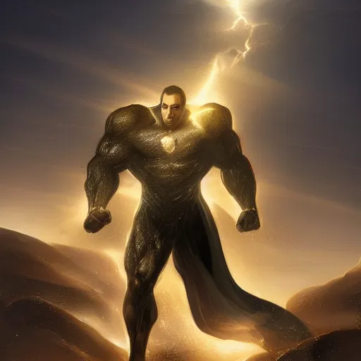 Prompt: black adam in the middle of the desert, with evershifting room, dynamic lighting, fantasy concept art, trending on art station, stunning visuals, creative, cinematic, ultra detailed