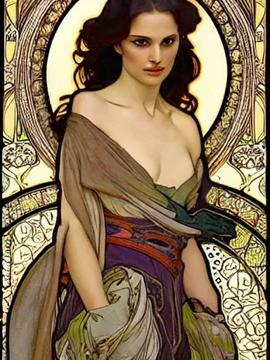 Image similar to a beautiful painting of natalie portman by Alphonse Mucha and by yoshitaka Amano and by Mark Brooks and by john william waterhouse and by arthur rackham, Art Nouveau, Neo-Gothic, gothic, award winning painting, hyperdetailed, detailed